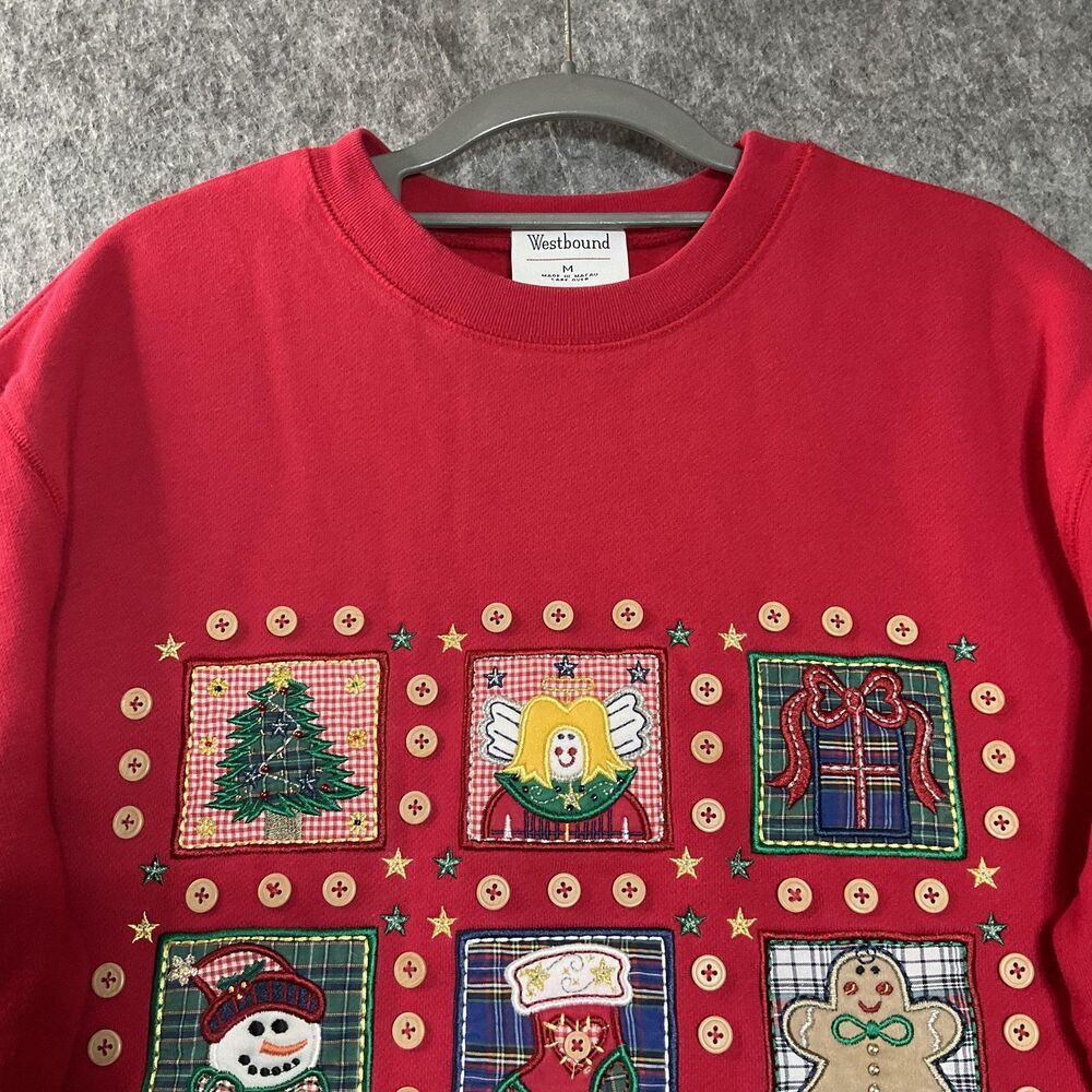 Vintage Sweatshirt Womens Medium Red Christmas Snowman Gingerbread Embroidered - Picture 3 of 10